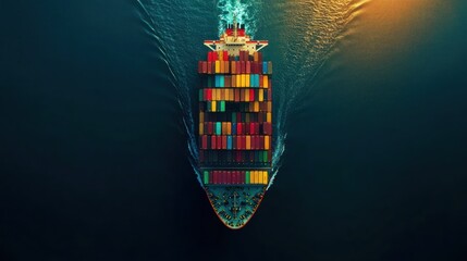 Poster - Container ship sailing on ocean at sunset.