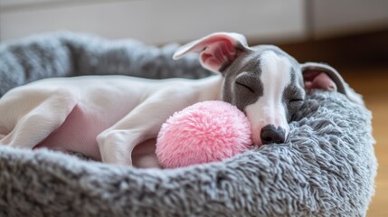 Poster - Sleeping puppy rests head on a pink toy.