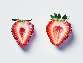Poster - Two halved strawberries with green stems on white background.