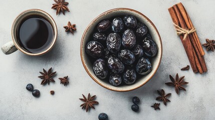 Aufkleber - Coffee, plums, star anise and cinnamon sticks on a light gray surface.