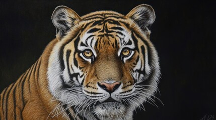 Poster - Tiger portrait with amber eyes, detailed fur, on a black background.
