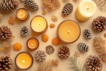 Poster - Warm candles, pinecones, and dried botanicals on tan.