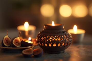 Poster - Lit candles with figs on a table, warm glow.