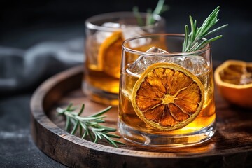 Poster - Two cocktails with orange and rosemary on wooden tray.