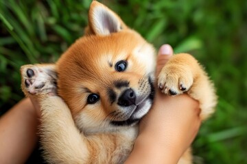 Poster - Shiba puppy held playfully.