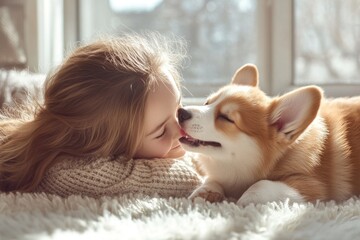 Poster - girl smiles as corgi puppy licks her face.