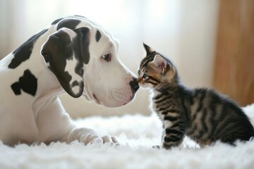 Poster - Great Dane and tabby kitten face each other on white rug.