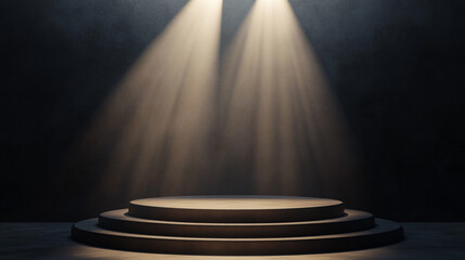 Poster - Spotlight shines on a circular stage with dramatic lighting in a dark space. 