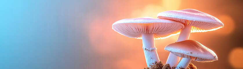 Poster - Mushrooms illuminated by golden light create serene atmosphere, showcasing their delicate gills and soft colors. This enchanting scene captures beauty of nature