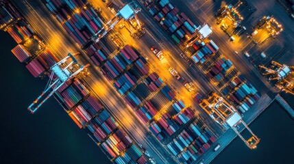 Poster - Aerial night view of illuminated cargo containers at a busy port, showcasing logistics and global trade.