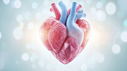 Poster - geometric heart design with polygonal blood vessels in red and blue colors, symbolizing love and connection, set against soft, glowing background