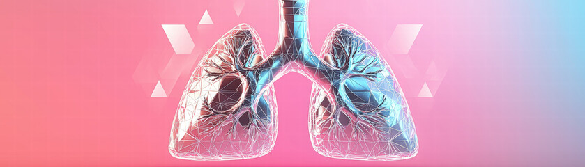 Poster - polygonal representation of lungs with reflective surface, showcasing intricate details and vibrant background. This artistic depiction emphasizes beauty of human anatomy