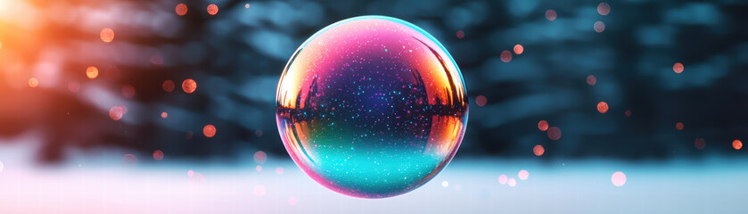 Poster - colorful soap bubble reflecting vibrant colors and sparkles, surrounded by blurred winter background. iridescent surface creates magical atmosphere