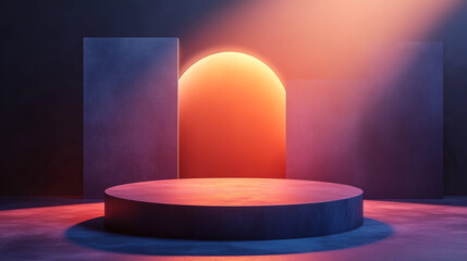 Poster - Bright circular platform with warm backlight in a minimalist setting. 