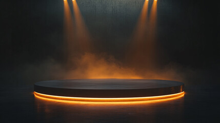 Poster - Spotlight stage with illuminated edges and foggy atmosphere at night event. 