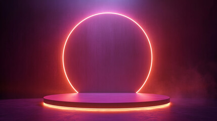 Poster - Vibrant circular stage with neon lighting against dark background. 