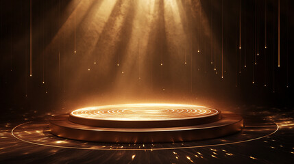 Poster - Light shines on a circular stage with sparkling dust in a dark environment. 