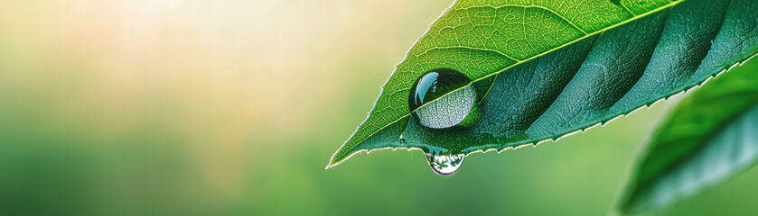 Poster - close up view of green leaf with dewdrop resting on its edge, showcasing nature beauty and tranquility. soft background enhances freshness of scene