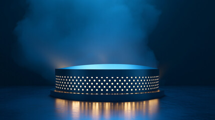 Poster - Illuminated round platform with mist and blue lighting in a dark environment. 