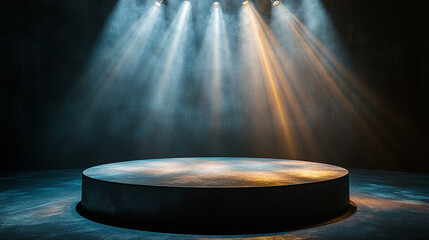 Poster - Dramatic lighting illuminates a circular stage in an empty performance space. 