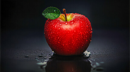 Wall Mural - Fresh red apple with dew drops on dark surface and green leaf