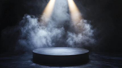 Poster - Spotlight illuminating a circular stage surrounded by mist in a dark environment. 