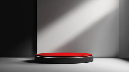 Poster - Modern circular stage with red surface and dramatic lighting in minimalist setting. 