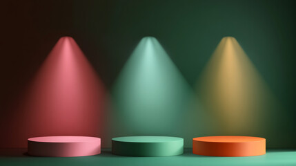 Poster - Colorful illuminated platforms create a vibrant display in dim lighting. 