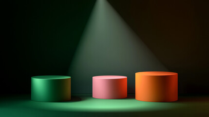 Poster - Colorful cylindrical platforms illuminated by spotlight in dark setting. 