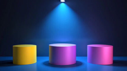 Poster - Colorful pedestals illuminated by blue and purple light in a dark environment. 