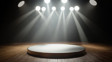 Poster - Spotlight illuminates empty stage ready for performance in theater setting. 