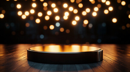 Poster - Well-lit stage with circular podium and sparkling background lights at night. 