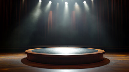 Poster - Spotlight on an empty stage in a theater with a wooden round platform. 