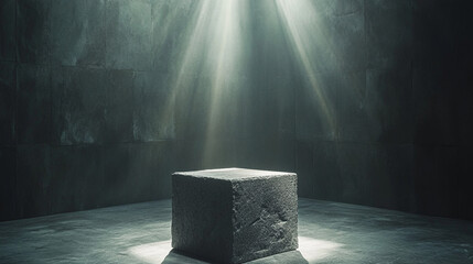 Poster - Mysterious illuminated cube in a dark room with rays of light. 