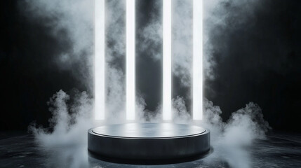 Poster - Light beams and smoke create a dramatic atmosphere in a dark space. 