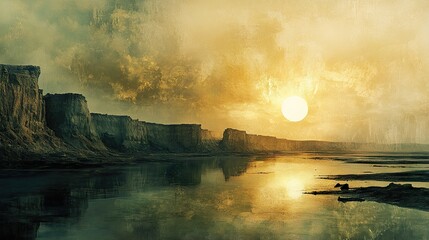 Wall Mural - Sunset Landscape: Serene River and Golden Cliffs