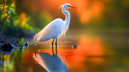 Wall Mural - Graceful egret in vibrant sunset reflections at tranquil lake