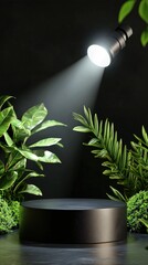 Poster - Spotlight on Circular Pedestal Surrounded by Lush Green Plants and Dark Background