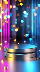Poster - Colorful bokeh lights create stunning backdrop for product display on reflective surface
