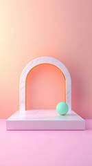 Poster - Minimalist geometric composition with arch and sphere on pastel background
