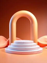 Poster - Modern Abstract Display with Curved Arch and Circular Pedestal Against Warm Background