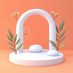 Poster - Modern Minimalist Display with White Arch, Smooth Stones, and Floral Accents