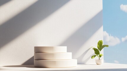 Poster - Minimalist Interior with Circular Steps and Potted Plant Under Bright Blue Sky