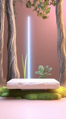 Aufkleber - Minimalist Nature Scene with Stone Platform and Neon Light in Soft Pink Background