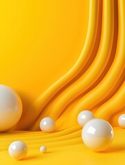 Poster - Abstract yellow background with smooth waves and glossy spheres in white tones