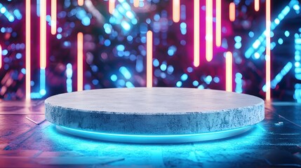 Poster - Neon illuminated platform with abstract futuristic background and vibrant colors