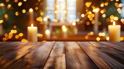 Aufkleber - Cozy Wooden Table with Candlelight and Soft Bokeh Background for Celebratory Events