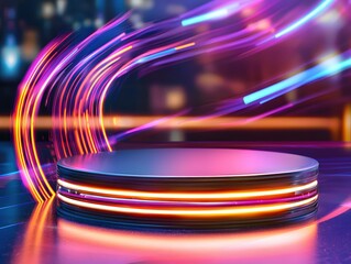 Poster - Futuristic Light Trails on a Round Platform in a Colorful Abstract Background