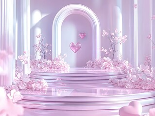 Aufkleber - Serene Pink Floral Archway with Heart Accents in Soft Dreamy Background