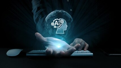 Poster - human interact with ai artificial intelligence brain processor in concept of ai artificial intellige